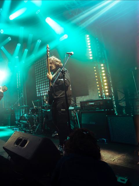 Bassist in teal stage light